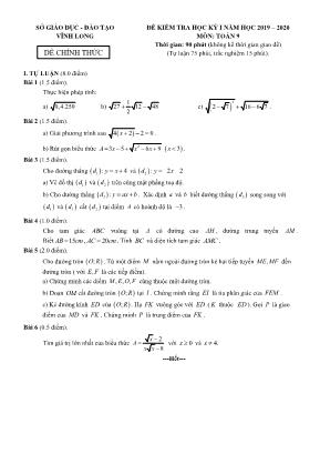 Đề kiểm tra học kỳ I môn Toán 9 - Năm học 2019-2020